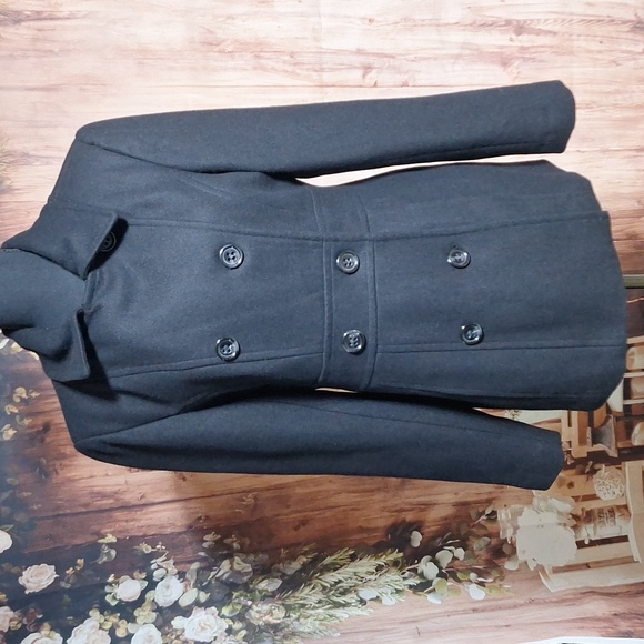 George Med wool blend black double breasted pea coat - Picture 2 of 11